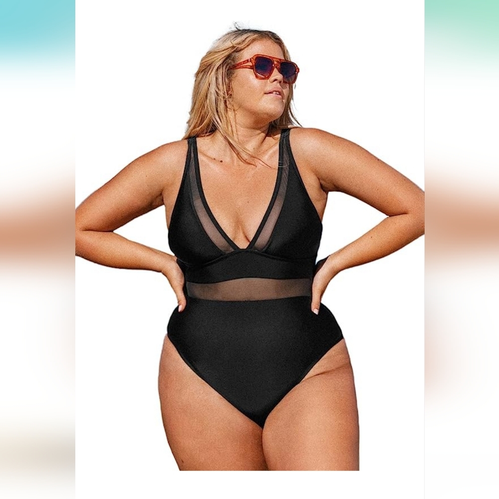 Plus Size One Piece Swimsuit V Neck Mesh Sheer Tummy Control